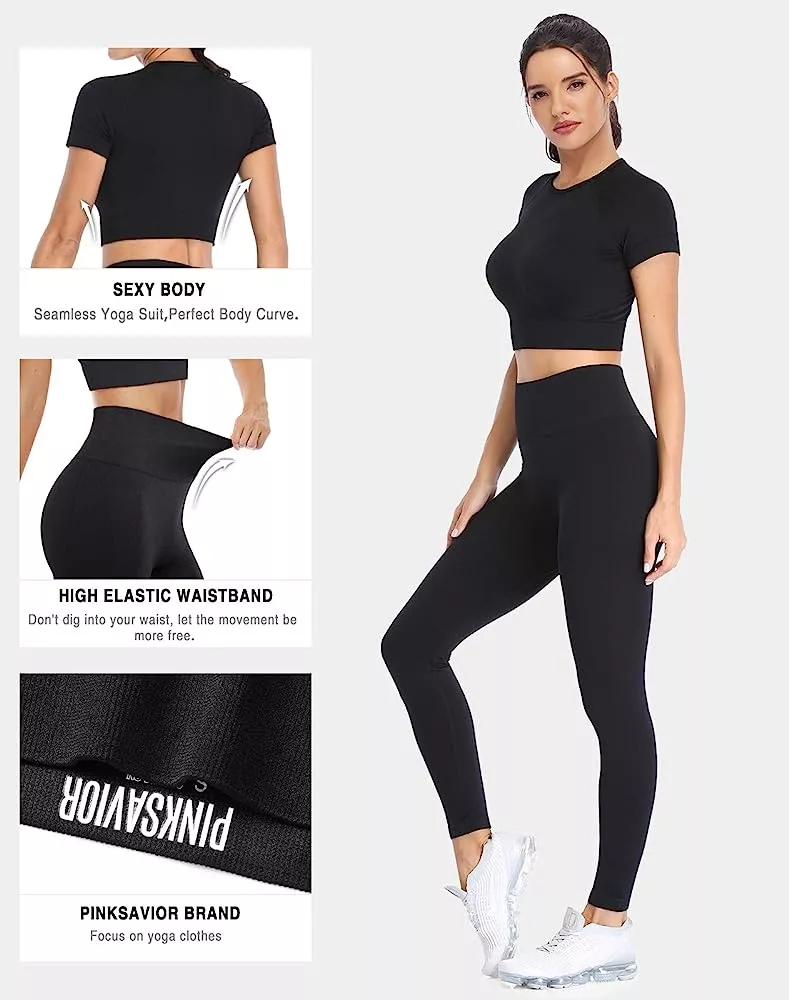 HYZ Women's Seamless 2 Piece Outfits Workout Long Sleeve Crop Top