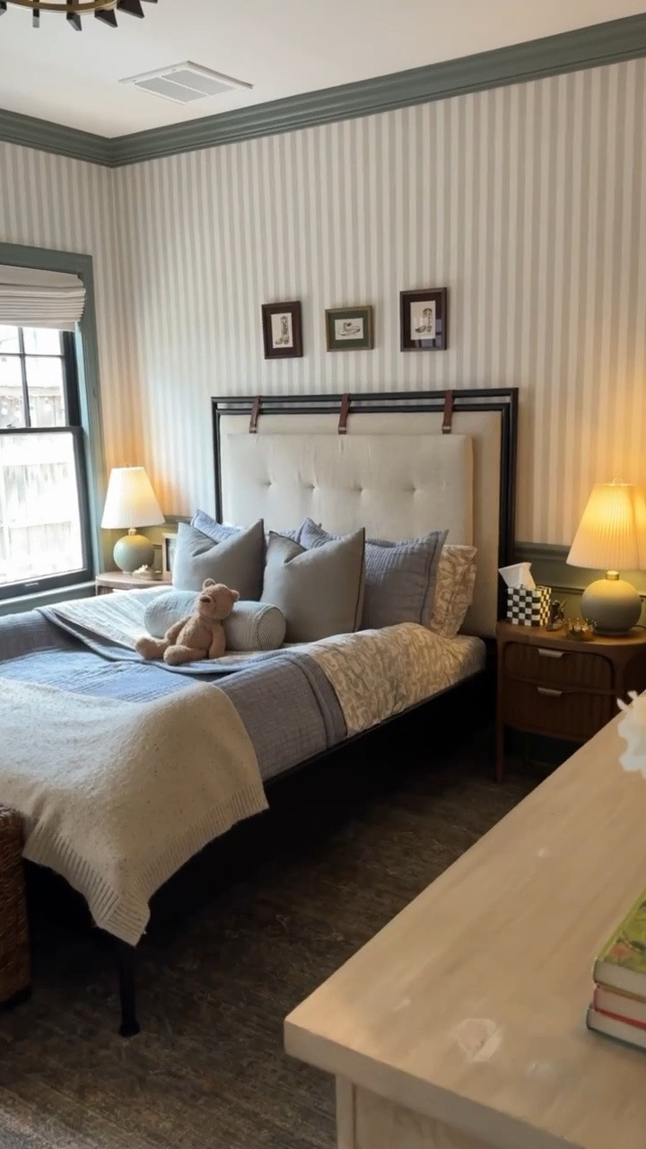 Emmett's big boy room & all the progress 🥹✨

Paint color: Sherwin Williams Retreat
Art by Emma Katherine 
Bathroom Paint color: Benjamin Moore Englewood Cliffs 
Edwin Stripe Wallpaper in Natural by Schumacher