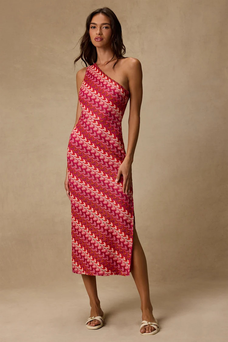 Reya Pink Multi Crochet Chevron One-Shoulder Midi Dress | Lulus