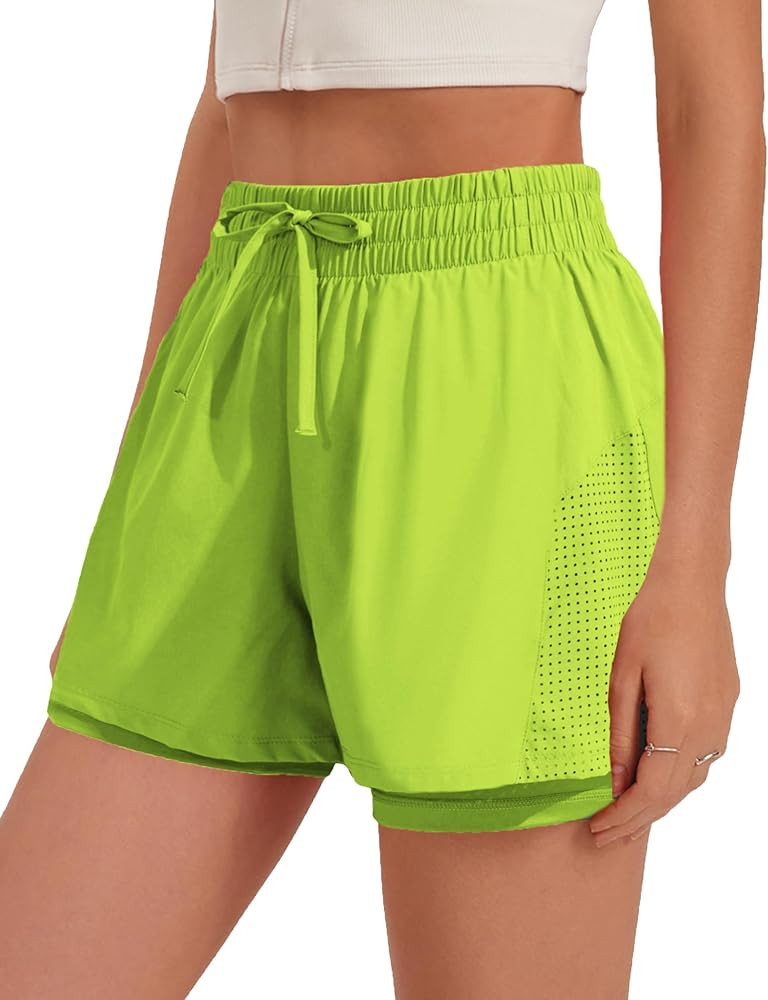 PINSPARK Athletic Shorts for Women 2 in 1 Workout Shorts High Waisted Running Shorts Gym Quick Dr... | Amazon (US)