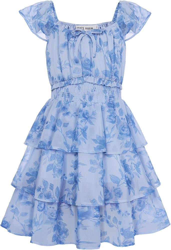 GRACE KARIN Girls Spring Summer Floral Dress Teen Ruffle Smocked 3 Layerr Dresses Kids Cute Boho ... | Amazon (US)