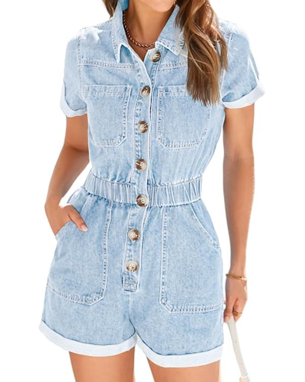 Cicy Bell Women's Short Sleeve Denim Rompers Cotton Utility Button Up Elastic Waist Short Jumpsui... | Amazon (US)