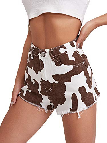 WDIRARA Women's Cow Print Raw Hem High Waisted Button Casual Denim Shorts Multicolored S | Amazon (US)