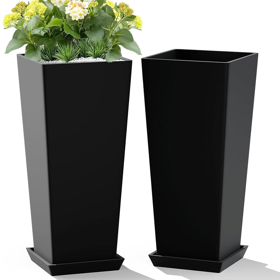 Set of 2 Large Tall Planter for Indoor or Outdoor 24" Flower Pots Tapered Tall Planters with Tray... | Amazon (US)