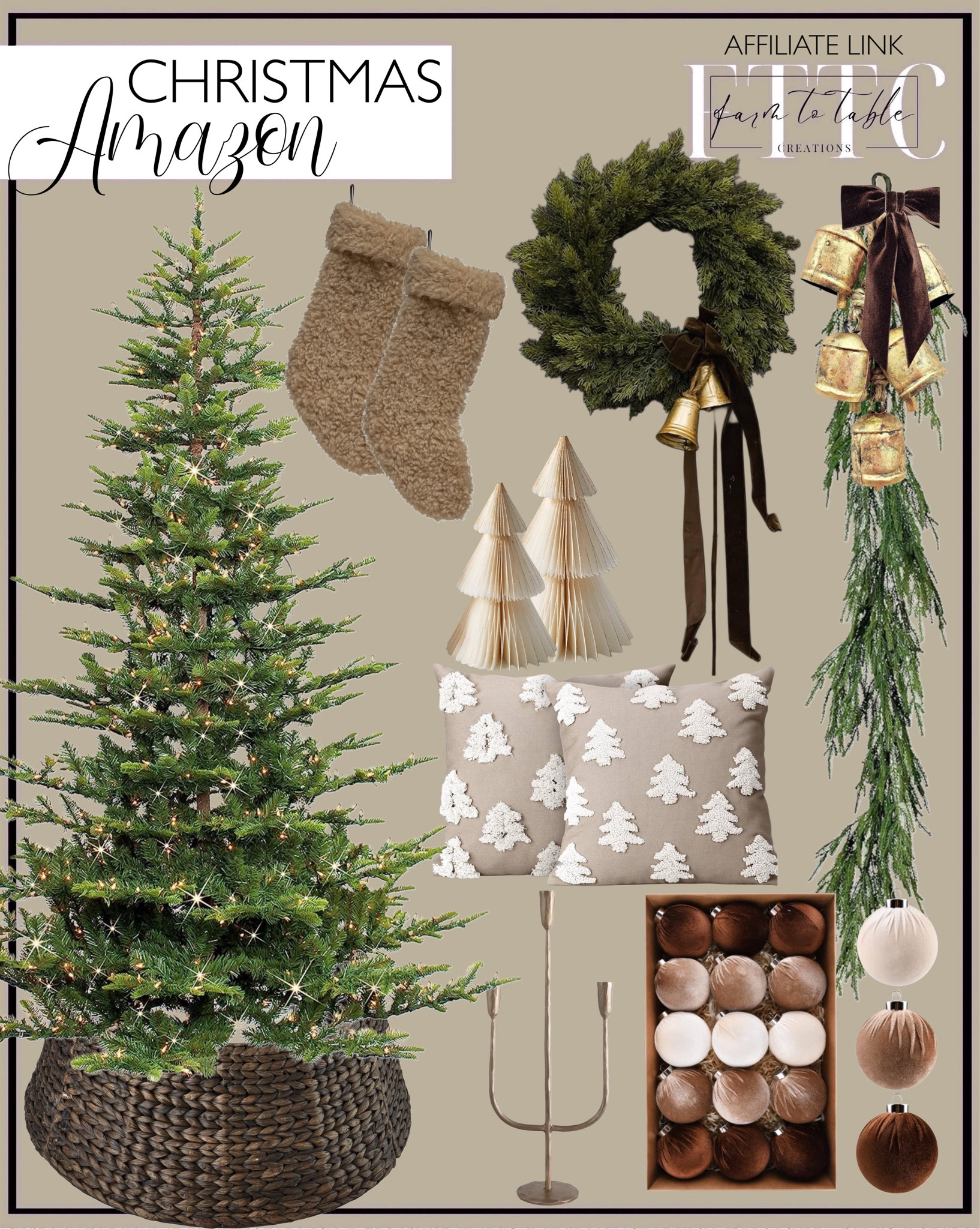 Amazon Christmas Decor. Follow @farmtotablecreations on Instagram for more inspiration.

Afloral Norfolk Garland. Rustic Bells. Brown Velvet Ornaments. 7.5 Foot Pre-Lit Aspen Fir Artificial Christmas Tree. Brown Velvet Ribbon. Sherpa Stocking. Pine Cypress Christmas Wreath. Christmas Pillow Covers. Paper Christmas Trees. Brass Candleabra. Christmas Tree Collar. 

Christmas Decor. Amazon Christmas Decor. Holiday Decor. Viral Decor. Home Decor. Living Room. Viral Garland. Christmas Tree. Christmas Ornaments. Amazon Home. Amazon Prime. 

#LTKFindsUnder50 #LTKHome #LTKSaleAlert
