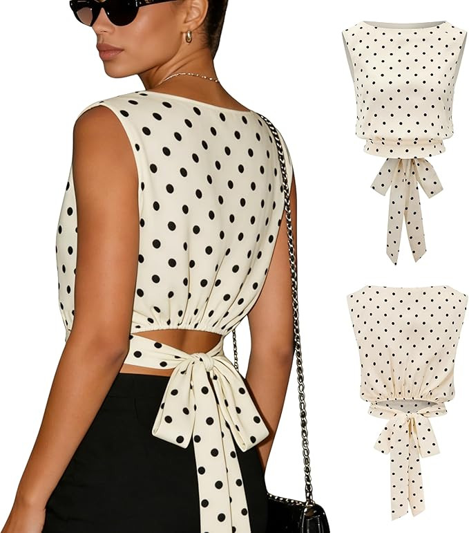 Omoone Women's Polka Dot Tank Top Y2K Sleeveless Boat Neck Tie Back Bow Cropped Vest Tunic Tops S... | Amazon (US)