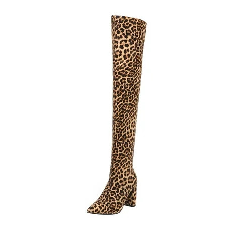 Gzztg Knee High Boots Women Stretch Knit Thick Heel Pointed Toe Women s Boots Are Thin Leopard Print | Walmart (US)
