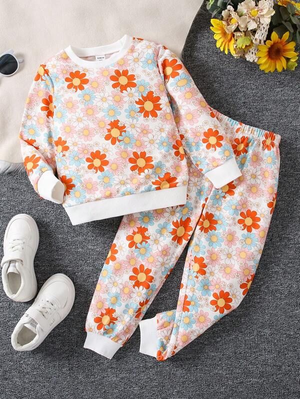 Young Girl Sweet Colored Flower Pattern Long Sleeve & Long Pants Set For Autumn  SKU: sk230523962... | SHEIN