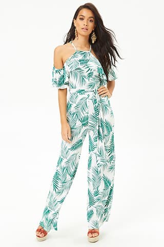 Palm Leaf-Print Open-Shoulder Jumpsuit | Forever 21 (US)