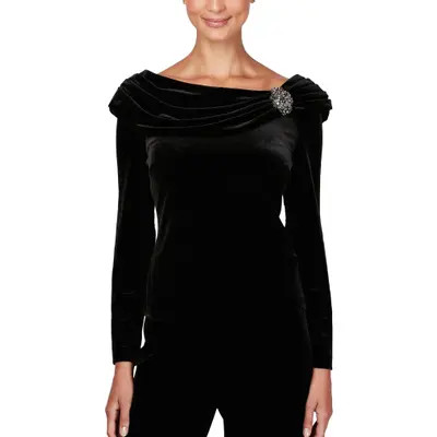 Alex Evenings Ruched Neck Velvet Top in Black at Nordstrom, Size X-Large | Nordstrom