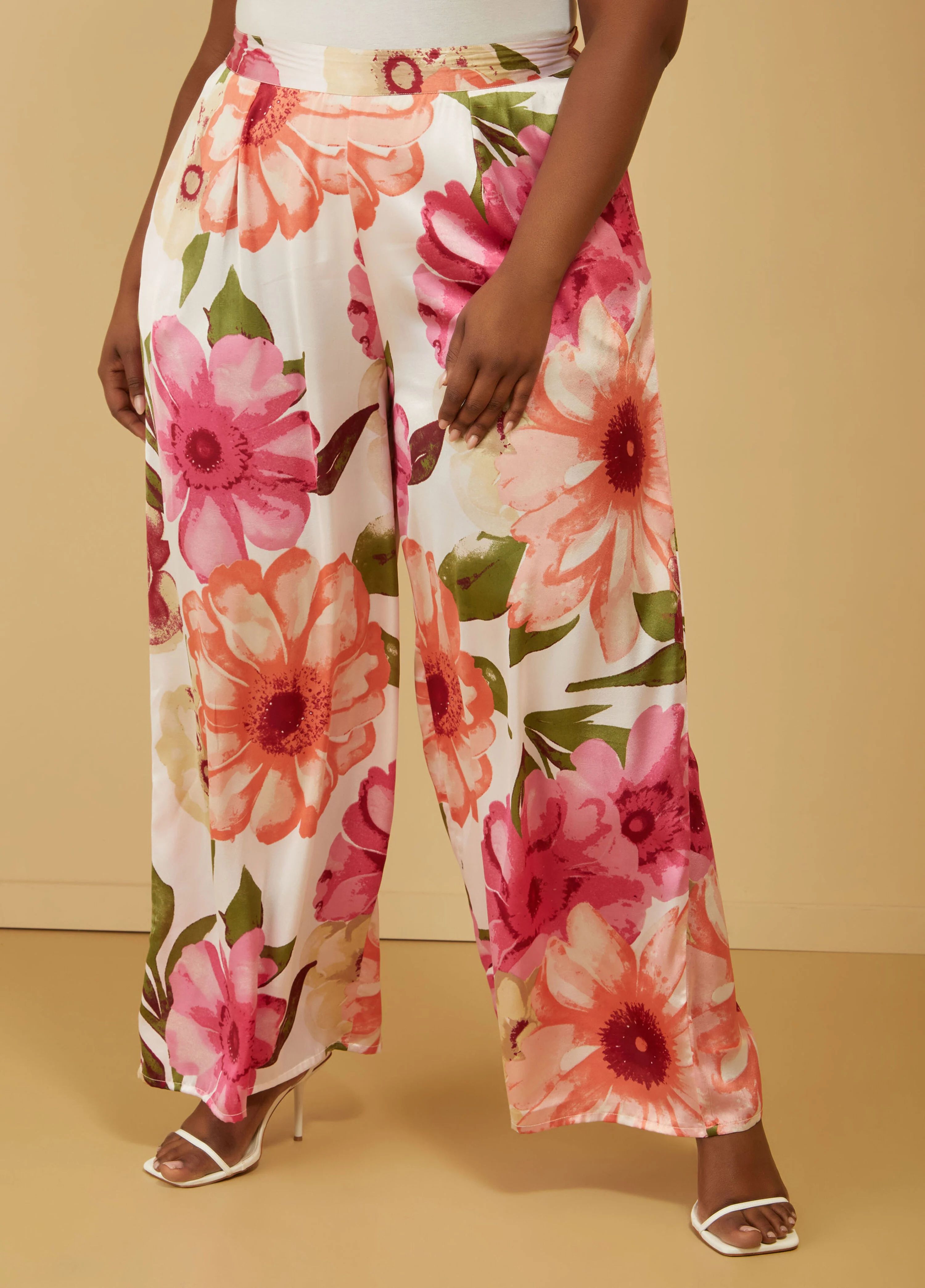 Floral Print Satin Wide Leg Pants | Ashley Stewart