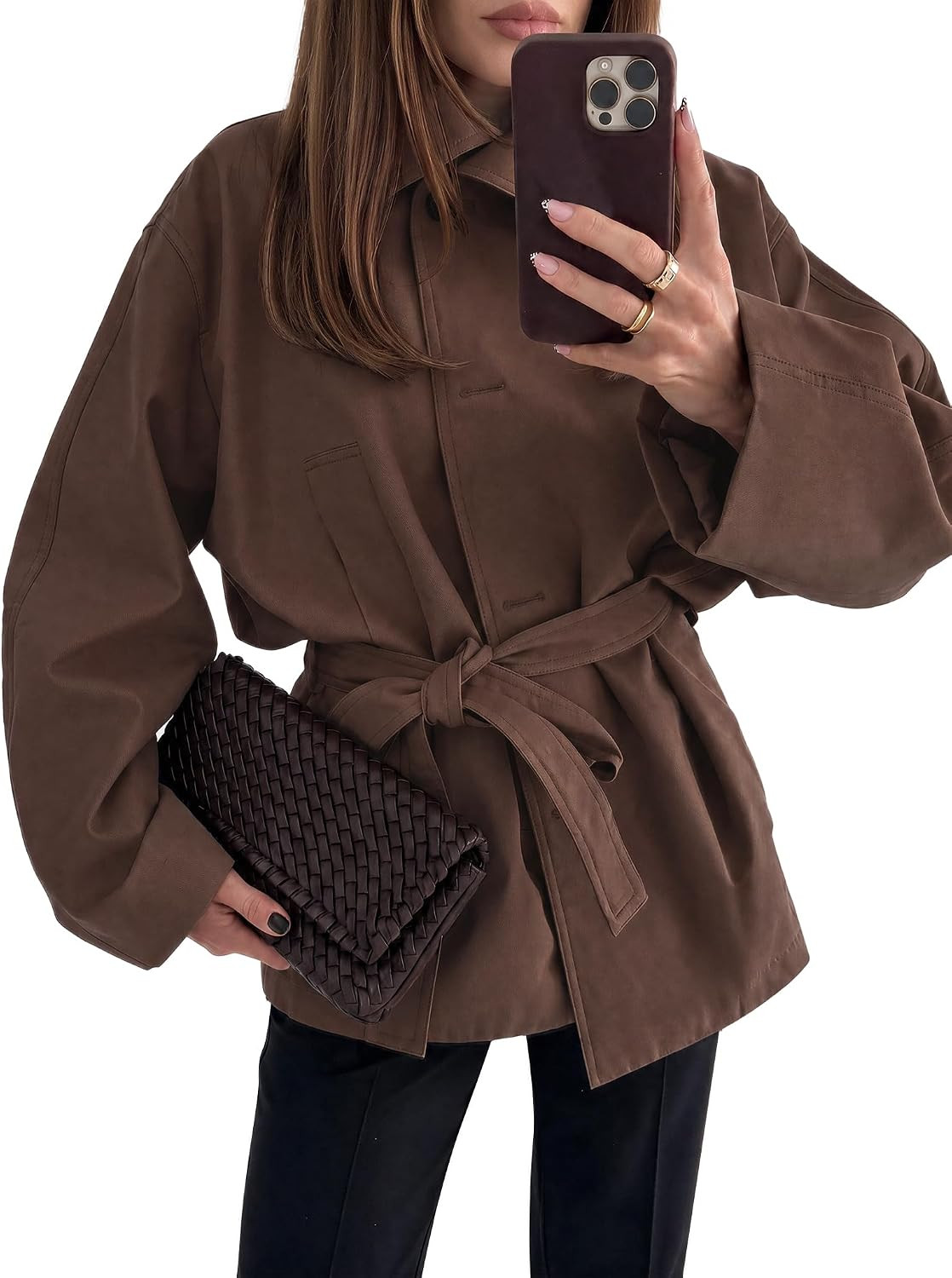 Tankaneo Womens Oversized Trench Coat Stand Collar Fall Jackets with Belted | Amazon (US)