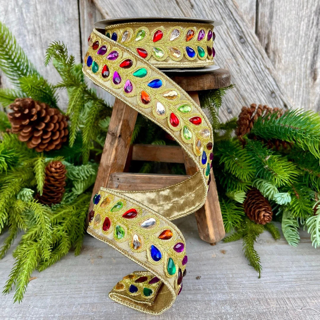 1.25 Gold Jeweled Ribbon, Farrisilk Ribbon, Multi Colored Jeweled Ribbon,christmas Ribbon, Gold R... | Etsy (US)