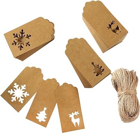 Aneco 150 Pieces Paper Tags Kraft Christmas Tags Hang Labels Christmas Tree Snowflake Reindeer De... | Amazon (US)