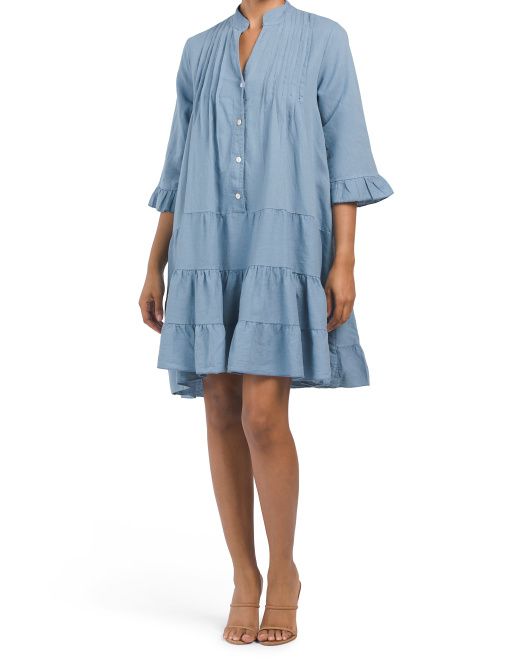 Made In Italy Linen Blend Three-quarter Sleeve Ruffle Hem Dress | TJ Maxx