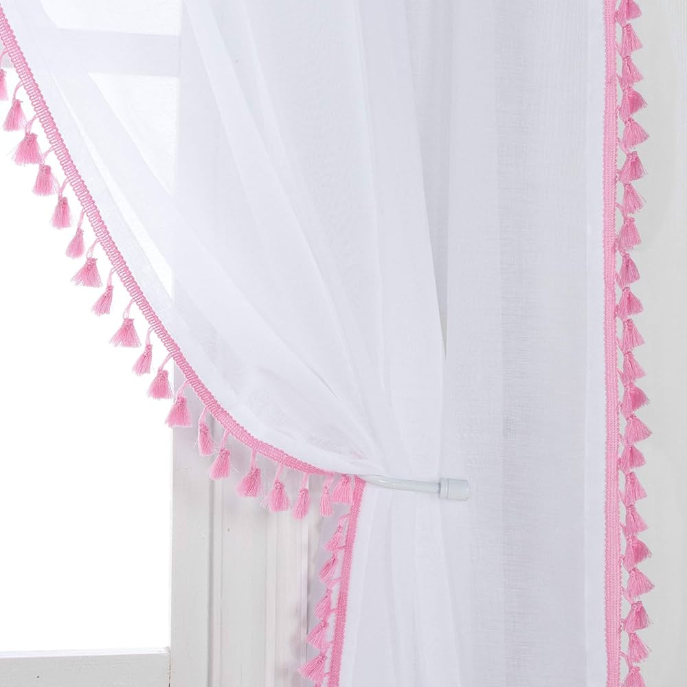 LUSHLEAF Tassel Sheer Curtains for Living Room, 52 x 63 Inches Long, Pink - Light Filtering and P... | Amazon (US)