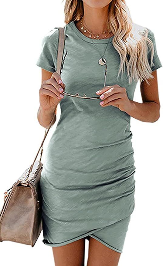 BTFBM Women's Summer Casual Beach Dresses Crew Neck Short Sleeve Ruched Stretchy Bodycon T Shirt ... | Amazon (US)