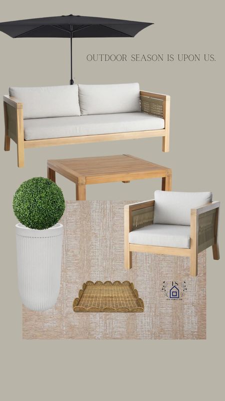 Outdoor season is upon us! I can’t wait! Here is some beautiful outdoor furniture. A neutral outdoor rug, out door umbrella, fluted outdoor planter with a faux boxwood sphere greenery. A scalloped rattan serving tray for hosting. 

#LTKSeasonal #LTKhome #LTKstyletip