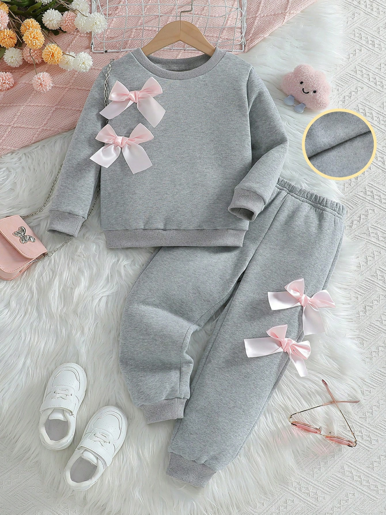 2pcs Girls' Casual Cute Bow Decor Round Neck Long Sleeve Sweatshirt And Bow Decor Pants Set, Autu... | SHEIN