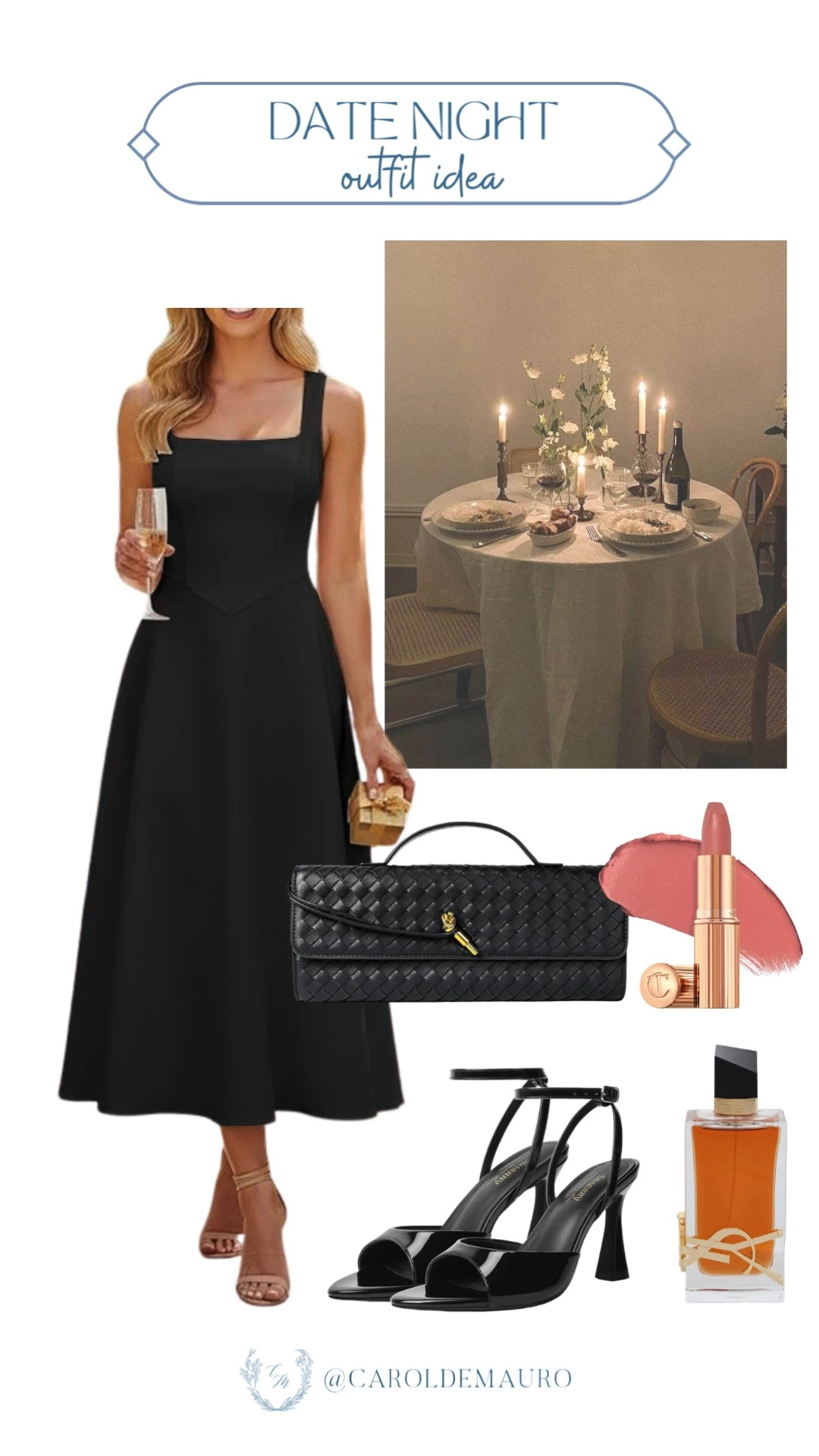 date night, outfit idea, black ensemble, all black look, LBD, midi dress, kitten heels, woven clutch, petite fashion, elegant look, YSL libre, Charlotte Tilbury, amazon fashion

#LTKootd #LTKPetite #LTKU