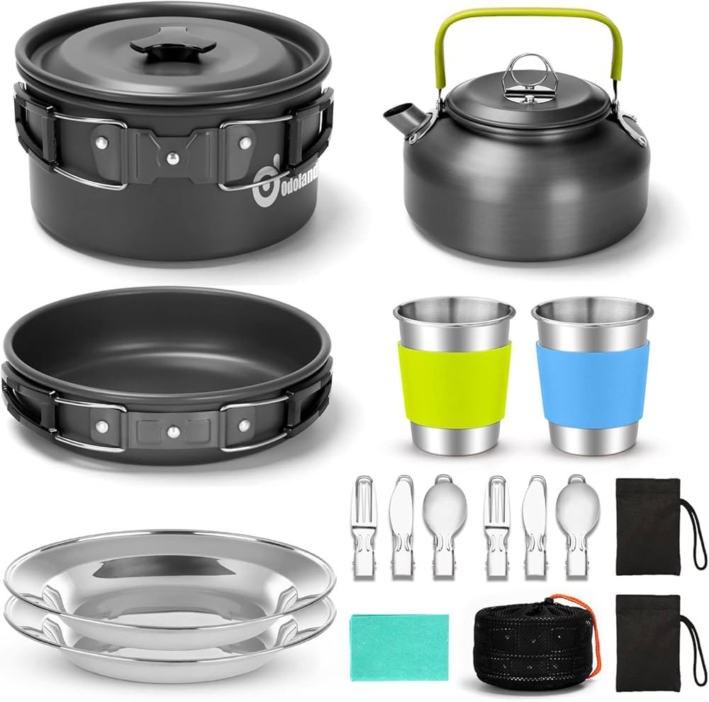 Odoland 15pcs Camping Cookware Mess Kit, Non-Stick Lightweight Pot Pan Kettle Set with Stainless ... | Amazon (US)