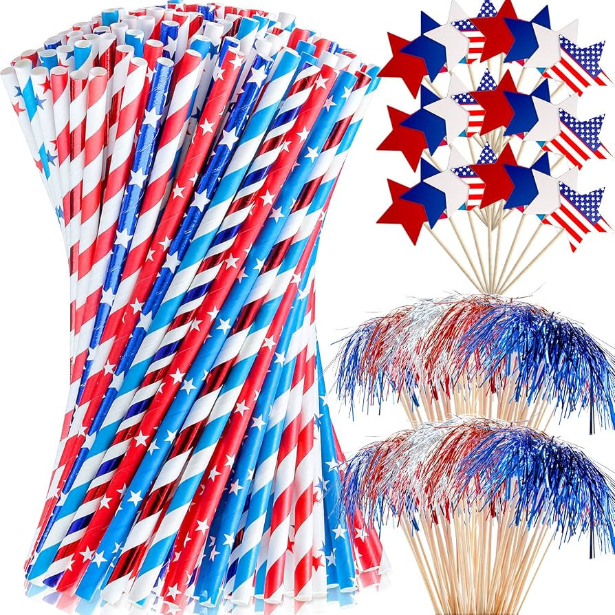 Patelai 300 Pcs 4th of July Party Supplies Patriotic Paper Straws American Flag Cupcake Toppers T... | Amazon (US)