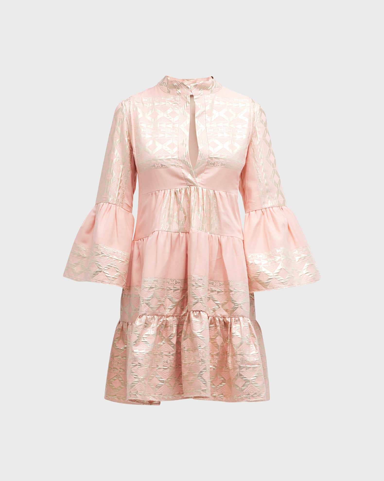 Tiered Jacquard Bell-Sleeve Mini Dress | Neiman Marcus