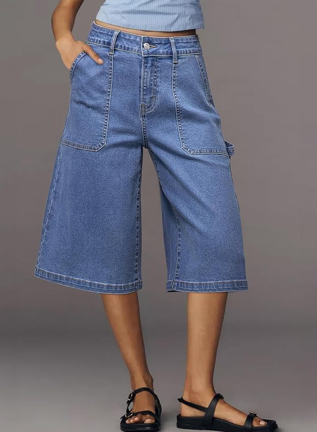 Dokotoo Womens High Waisted Stretch Wide Leg Cargo Denim Shorts Casual Below The Knee Length Jean... | Amazon (US)