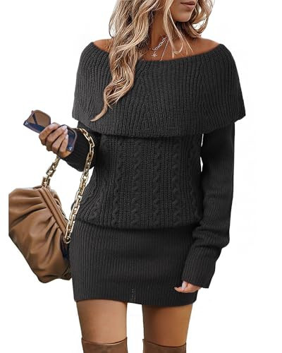 Bebonnie Winter Church Dresses for Women 2025: Women's Long Sleeve Cowl Neck Funeral Cozy Sweaters Fall Winter Outfits Chunky Ribbed Knit Sexy Bodycon Mini Sweater Birthday Party Short Dress Black XXL | Amazon (US)