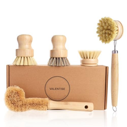 VALENTISE Bamboo Dish Brush Set - 5 Packs Natural Wooden Kitchen Brush, 4 Dish Scrubbers with One Replacement Head, Cleaning for Pots, Bottles and Vegetables | Amazon (US)