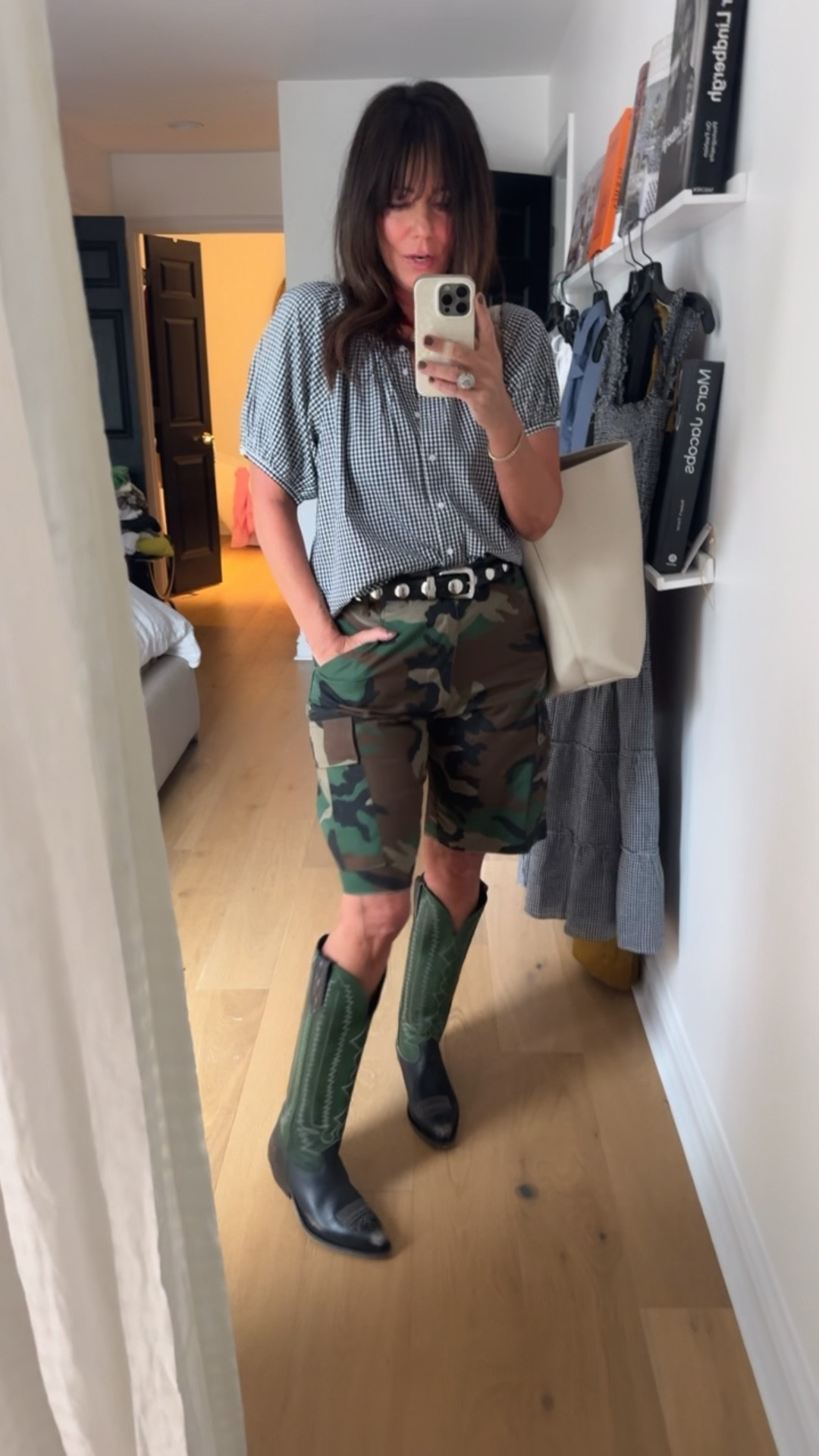 Great deals on my gingham top, Italian leather bag and shorts (the linked ones below are pretty much exact) 
I went up a size in the boots

#LTKWorkwear #LTKOver40 #LTKSaleAlert