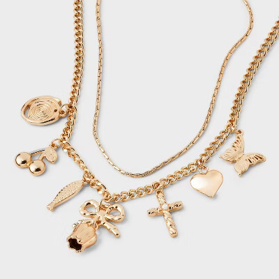 Mixed Tulip and Box Charm Multi-Strand Necklace - Universal Thread™ Gold: Lobster Claw Clasp, 1... | Target