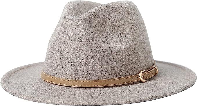 Lanzom Women Lady Classic Wool Fedora Hat with Belt Buckle Felt Wide Brim Panama Hat | Amazon (US)