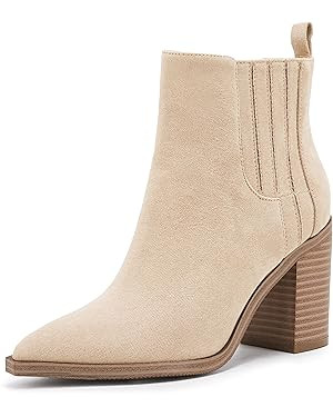 Womens Ankle Boots Slip on Pointed Toe Chunky Block Mid Heel Leather Elastic Panel Casual Chelsea... | Amazon (US)