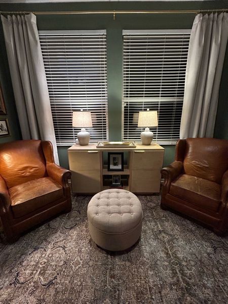 Here is the moody home office reveal! This Loloi Rug sets the vibe with olive and charcoal tones and is easy to blend with so many decor tones! The leather chairs pictured are vintage but these gorgeous classic leather pushbacks add that English-inspired sophistication.

#LTKsalealert #LTKhome