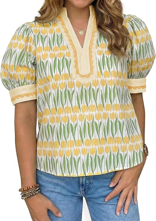 Tankaneo Womens Puff Sleeve Floral Blouse Tops Summer Dressy Casual V Neck Shirts Color Block Loo... | Amazon (US)