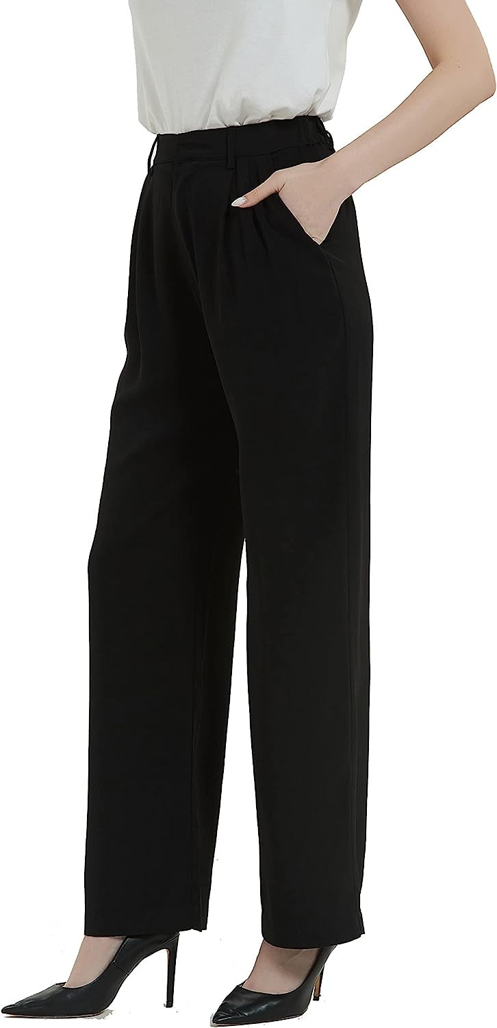 Tronjori Women High Waist Casual Straight Leg Long Dress Pants Wide Leg Trousers Regular Waistban... | Amazon (US)
