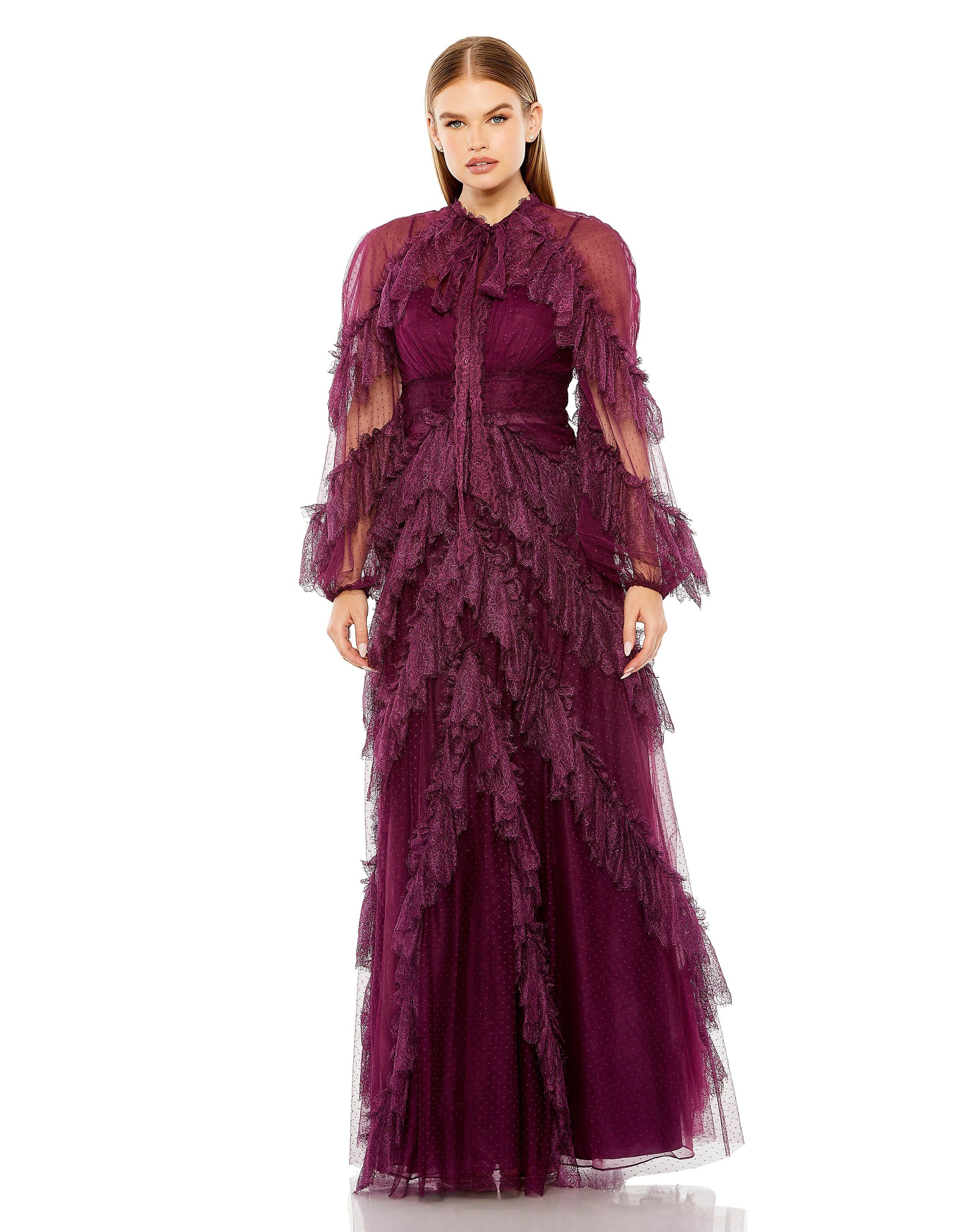 Long Sleeve Lace Ruffle Dot Net Gown | Sample | Sz. 2 | Mac Duggal