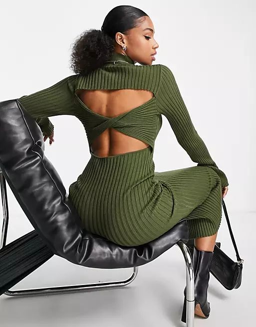 In The Style x Perrie Sian knitted open back midi dress in khaki green | ASOS (Global)