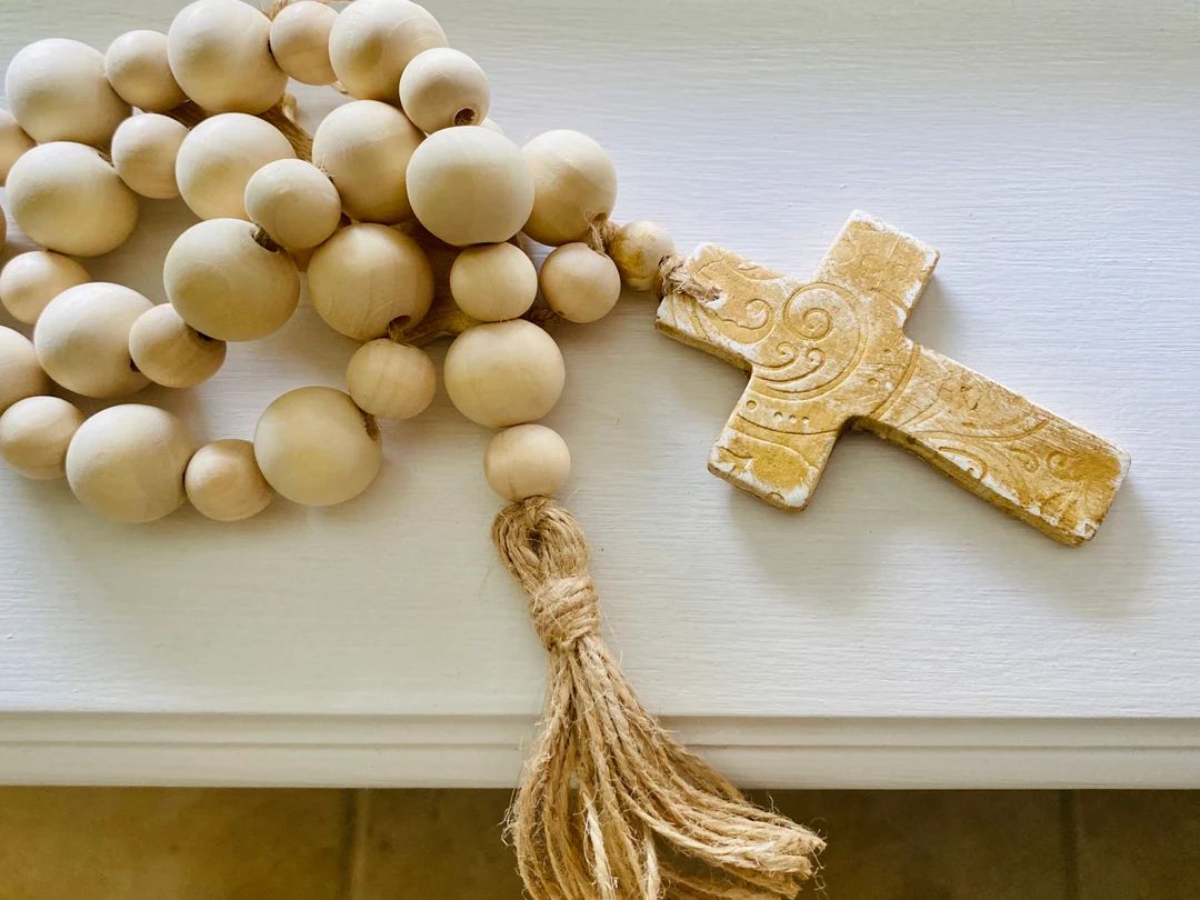 Wood Bead Garland with Clay Cross/Farmhouse Style Decor/Handmade Tassel /Prayer Beads/Easter Gift... | Etsy (US)