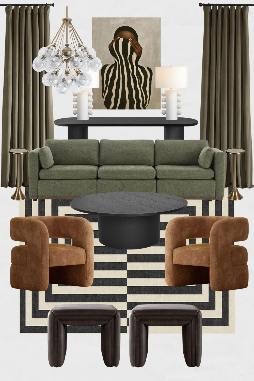 Eclectic Living Room Moodboard, Bold Living Room Design Ideas, Green Couch, Burnt Orange Accent Chairs, Black and White Area Rug, Black Ottomans, Glam Living Room Design, Jonathan Adler, Eclectic Living Room Decor

#homedecor #livingroomdesign #livingroomdecor #homeinspo #instahome #jonathanadler #eclecticlivingroom 

 #LTKHome #LTKSaleAlert