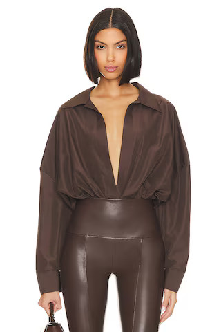 Norma Kamali Oversized Boyfriend Shirt Bodysuit in Chocolate from Revolve.com | Revolve Clothing (Global)