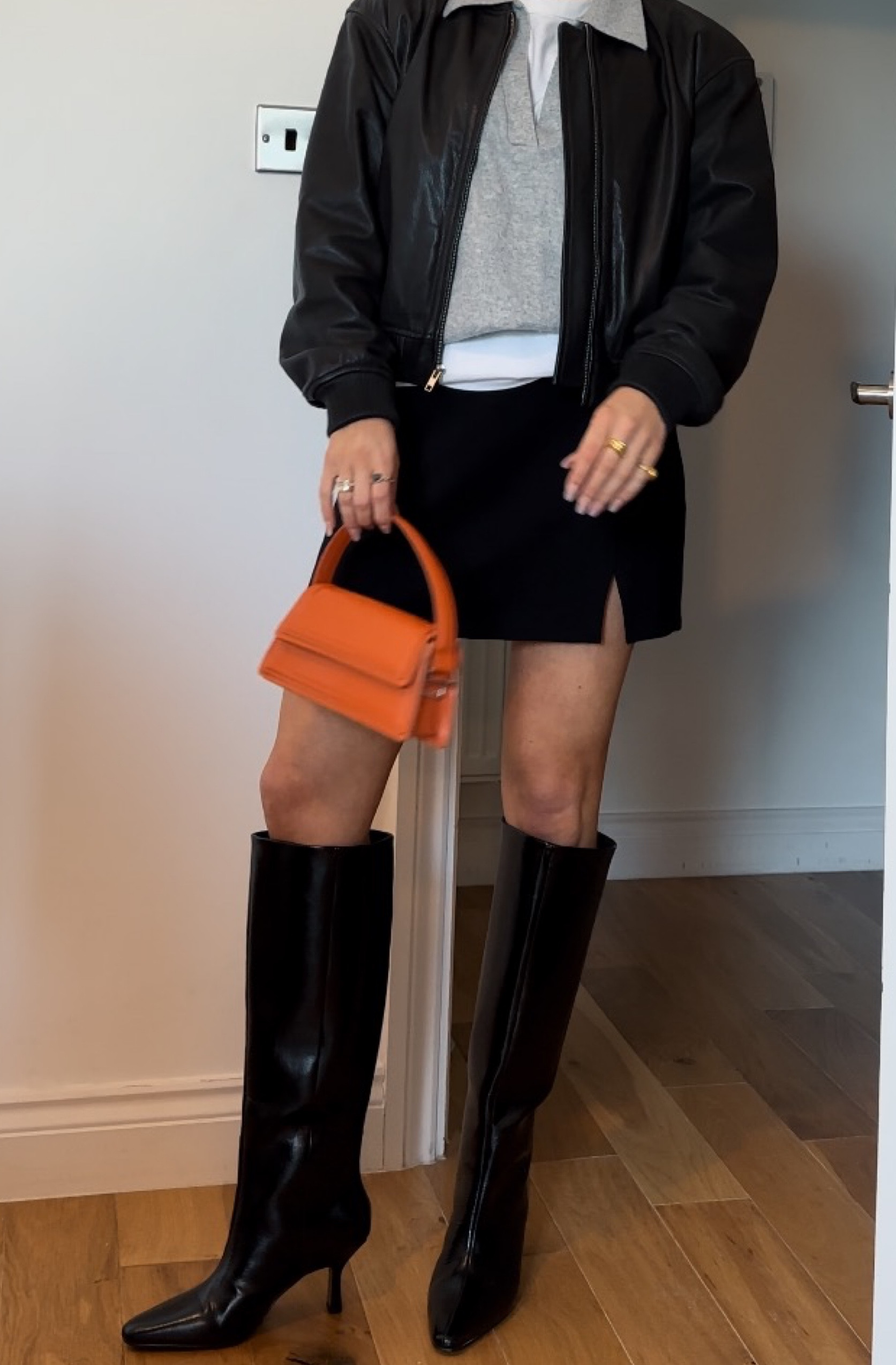  Lack leather bomber. Black mini skirt. Knee high boots outfit. Autumn fashion. Outfit inspiration 

#LTKstyletip #LTKSeasonal #LTKshoecrush