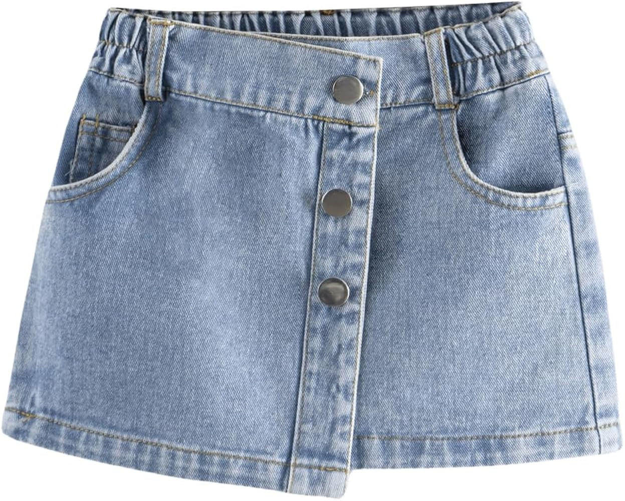 Girl's High Waisted Button Front Denim Skirt Asymmetrical Mini Jean Skirts with Pockets | Amazon (US)