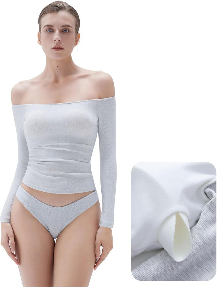 SUUKSESS Women Padded Off The Shoulder Tops Ribbed Long Sleeve Shirts Fall Basic | Amazon (US)