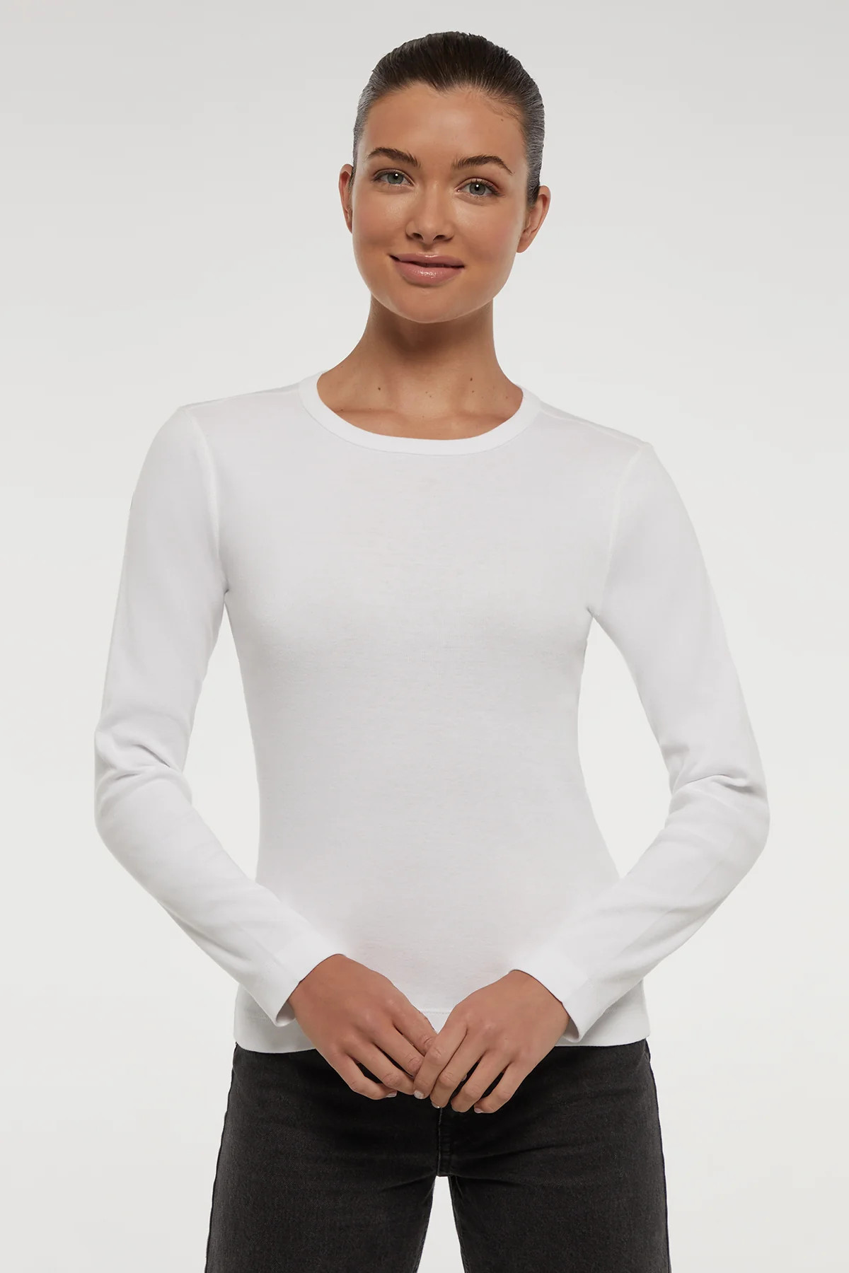 Ribbed Crew-Neck Long Sleeve Tee | White | Three Dots