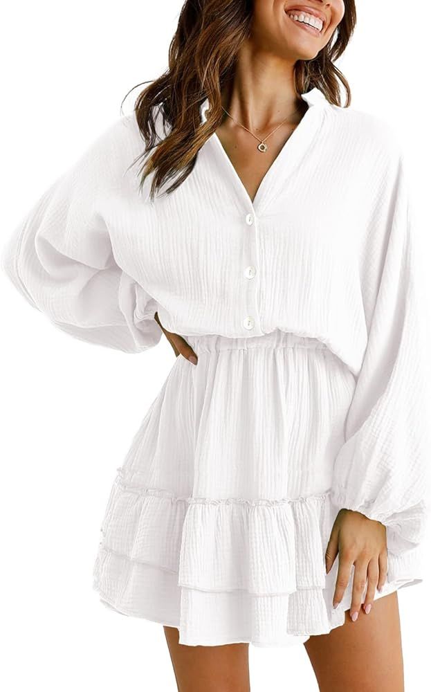 ARTFREE Women's Long Lantern Sleeves Mini Dress V Neck Button Down Ruffle Tiered Swing Fall Casua... | Amazon (US)