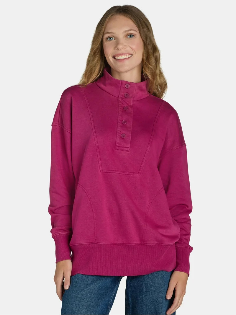 Time and Tru Women's Mock Neck Sweatshirt with Button Placket, Sizes XS-XXXL | Walmart (US)