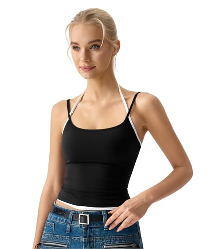 QINSEN Women's Spaghetti Strap Tank Top Slim Fitting Layered Halter Neck Sleeveless Crop Cami Shi... | Amazon (US)