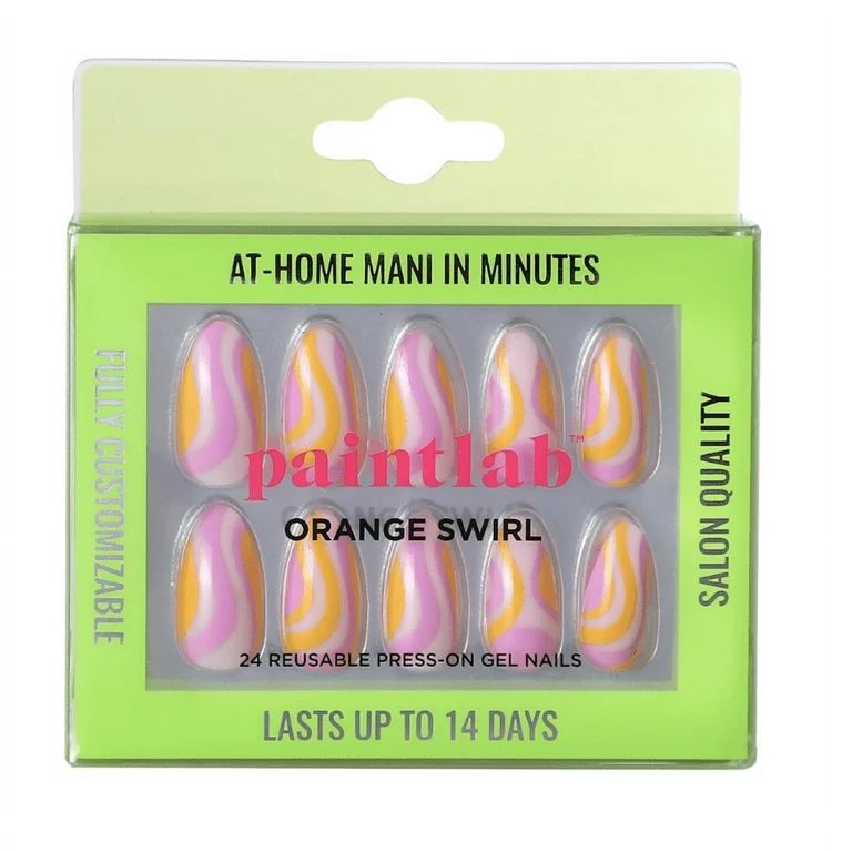 PaintLab Reusable Press-on Gel Nails Kit, Almond Shape, Orange Swirl Orange and Pink, 24 Count | Walmart (US)